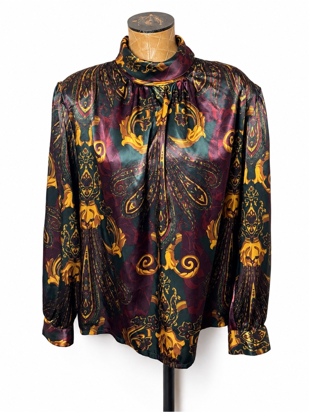 Vintage Marlis Paisley PolyesterHigh Neck Blouse Women’s Size 12 Burgundy & Gold